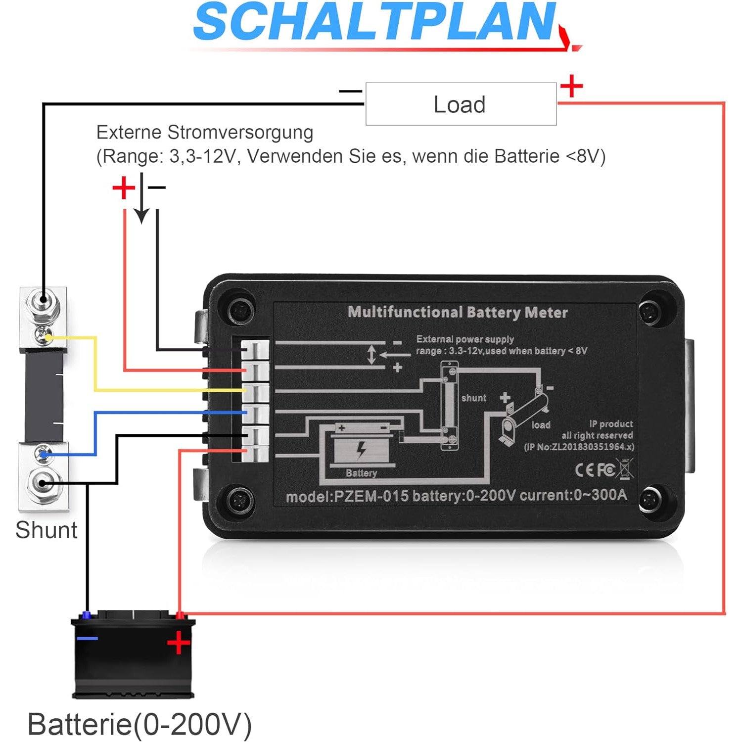 Wattmetru digital de panou, cu Voltmetru, Ampermetru, cu Shunt si fire de conectare, DC 0-200V si 100A, negru
