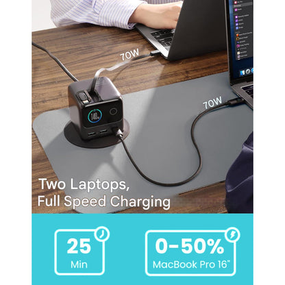 Statie Incarcare JOYROOM PODIX 140W GaN, incarcator rapid USB-C 5-in-1 cu 2 cabluri retractabile 100W, design rotativ la 180°, display LCD 1.54”, 3x USB-C + 2x USB-A, compatibil MacBook, iPhone, Samsung