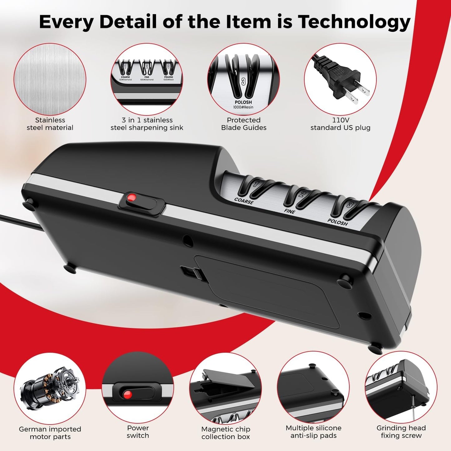 Ascutitor de cutite electric profesional cu disc abraziv din diamant, ascutire rapida, cu 3 caneluri grosier, mediu si fin, ghidaj precis al unghiului, cu compartiment magnetic pentru ramasite