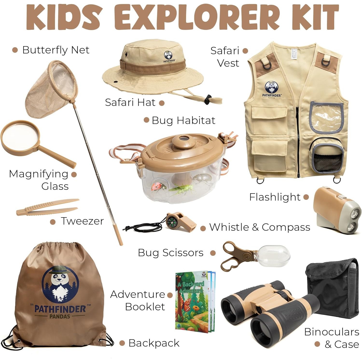 Set explorator safari pentru copii 4+ ani, kit cercetator si aventura in natura cu vesta safari, palarie, binoclu, lupa cu cupa, plasa pentru fluturi, cutie insecte, lanterna, fluier, penseta si rucsac, jucarie educativa de exterior, marime mare