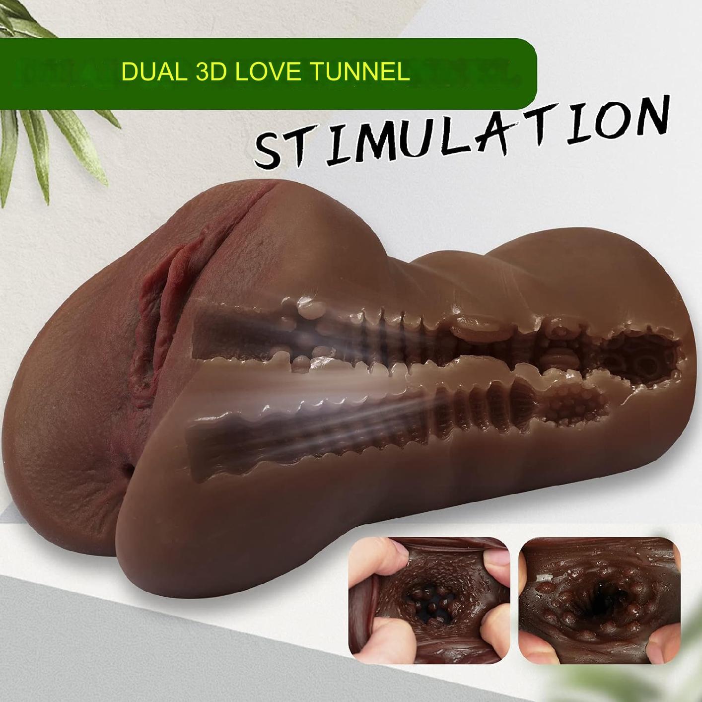 Masturbator realist, jucarie sexuala cu textura interioara stimulativa, tip vagin si anus, culoare ciocolata neagra
