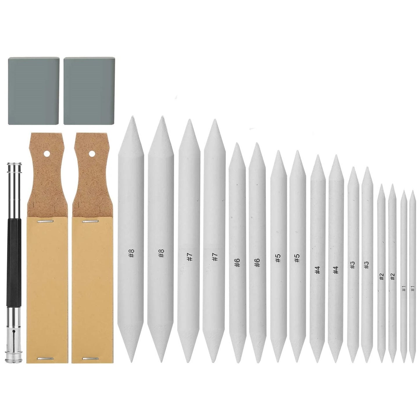 Set estompe, 22 piese, cu 16 creioane de hartie, 2 radiere, 2 smirghel ascutit mina, 2 radiere si prelungitor creion, pentru amestecarea culorilor, desen, schite, cu husa de depozitare