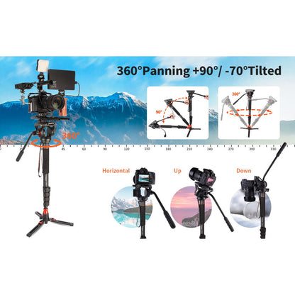 Monopied profesional cu placuta eliberare rapida, cap pivotant 360°, inaltime reglabila 64cm - 180 cm, incarcare maxima 8 kg, stand tip trepied, din aluminiu
