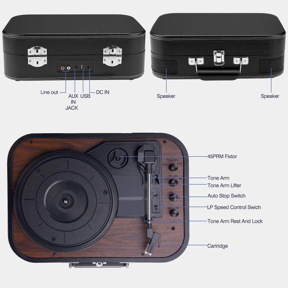 Pick-up Voksun, Bluetooth 5.0, Card SD, Aux, USB, difuzoare incorporate, 3 trepte de viteza, design tip servieta, negru