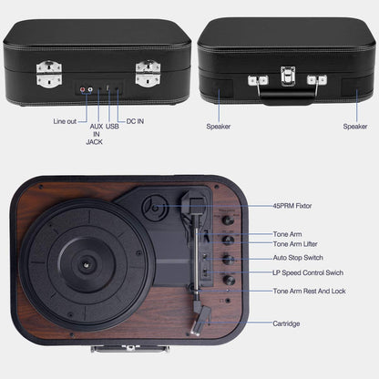 Pick-up Voksun, Bluetooth 5.0, Card SD, Aux, USB, difuzoare incorporate, 3 trepte de viteza, design tip servieta, negru