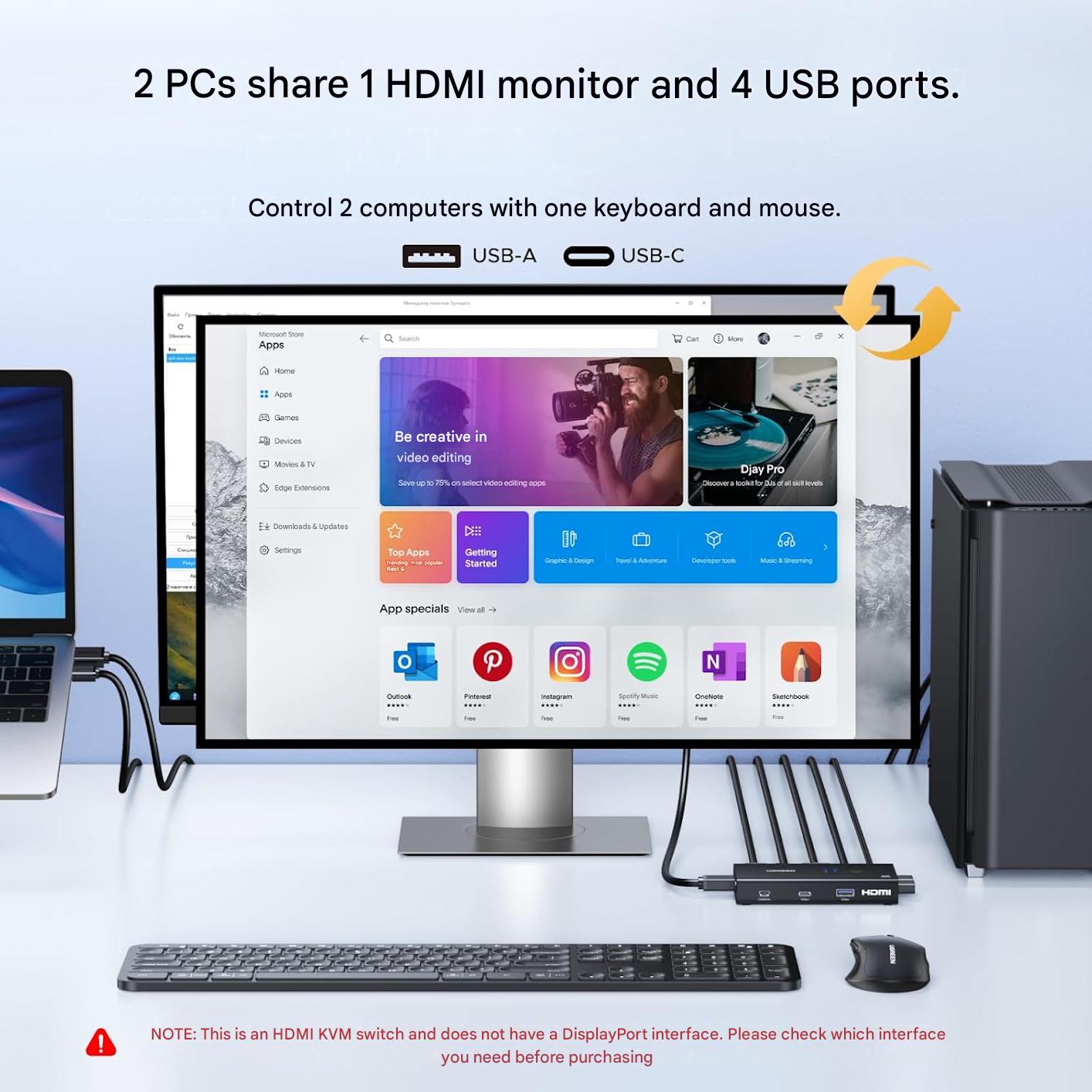 Comutator KVM HDMI pentru 2 PC-uri si 1 monitor, rezolutie pana la 4K 60Hz, 3x USB-A + 1x USB-C USB 3.0, transfer date 5Gbps, partajare tastatura, mouse, imprimanta si stick USB, suport HDR10+, VRR, G-Sync si FreeSync, comutare prin buton si telecomanda