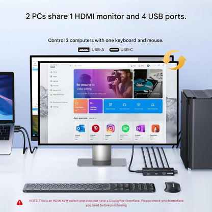 Comutator KVM HDMI pentru 2 PC-uri si 1 monitor, rezolutie pana la 4K 60Hz, 3x USB-A + 1x USB-C USB 3.0, transfer date 5Gbps, partajare tastatura, mouse, imprimanta si stick USB, suport HDR10+, VRR, G-Sync si FreeSync, comutare prin buton si telecomanda