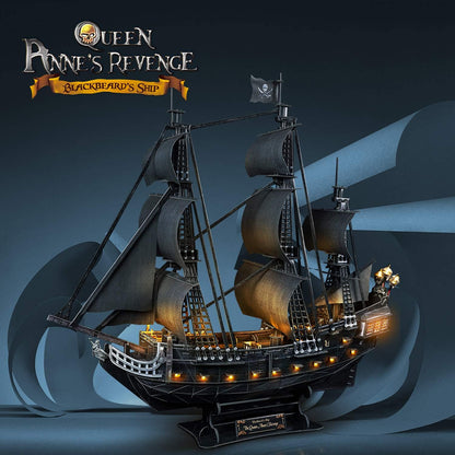 Puzzle 3D LED corabia perla neagra, 340 piese, model nava pirati de colectie, iluminare LED cu 15 lumini, dimensiuni 68 x 25 x 64 cm, montaj fara lipici si unelte, constructie EPS, cadou pentru adulti, adolescenti si colectionari, 14+ ani