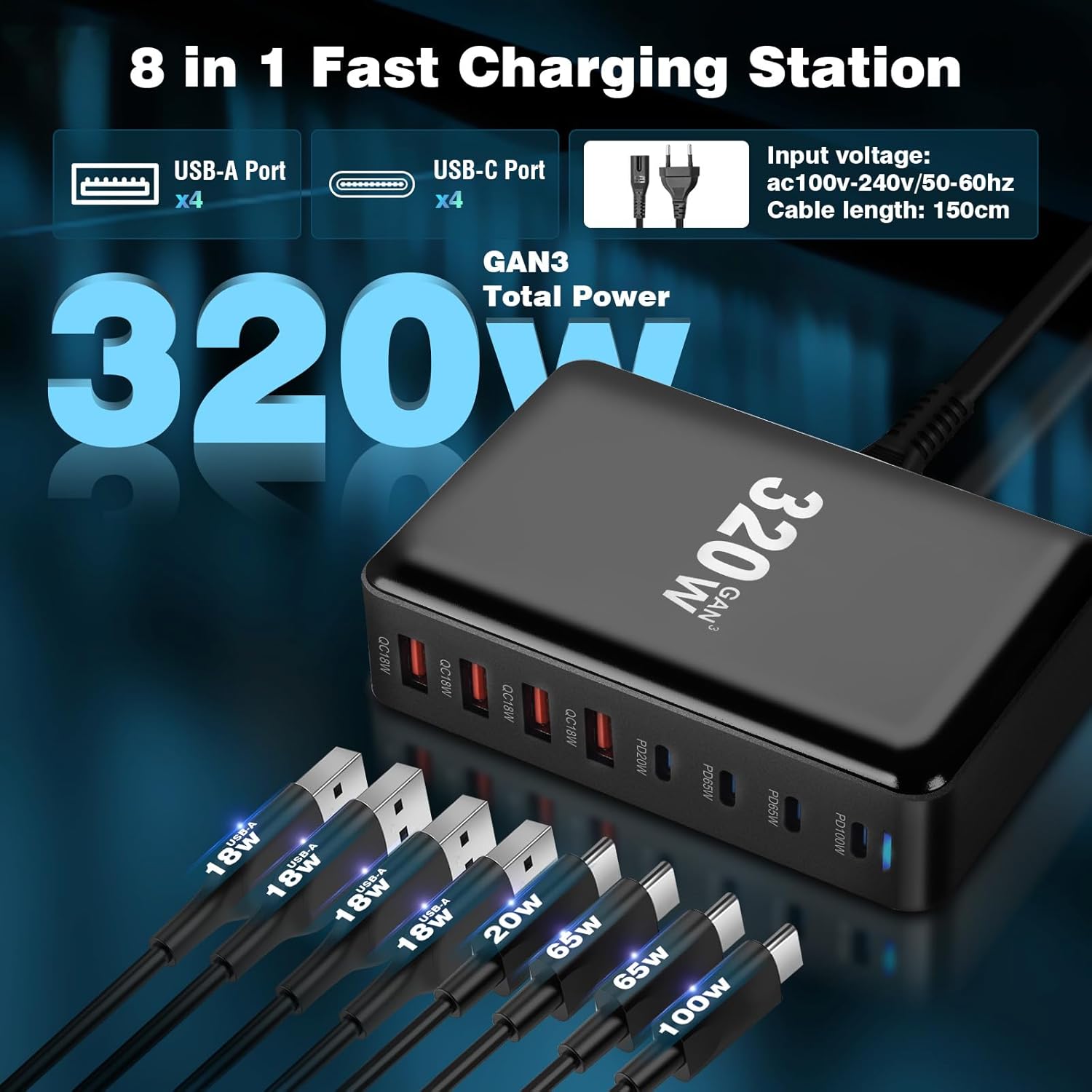 Incarcator retea 320 W, statie de incarcare GaN III, cu 8 porturi, 4 USB-C PD si 4 USB-A QC, pentru MacBook Pro Air, iPad Pro Air, iPhone, Galaxy, smartphone, laptop