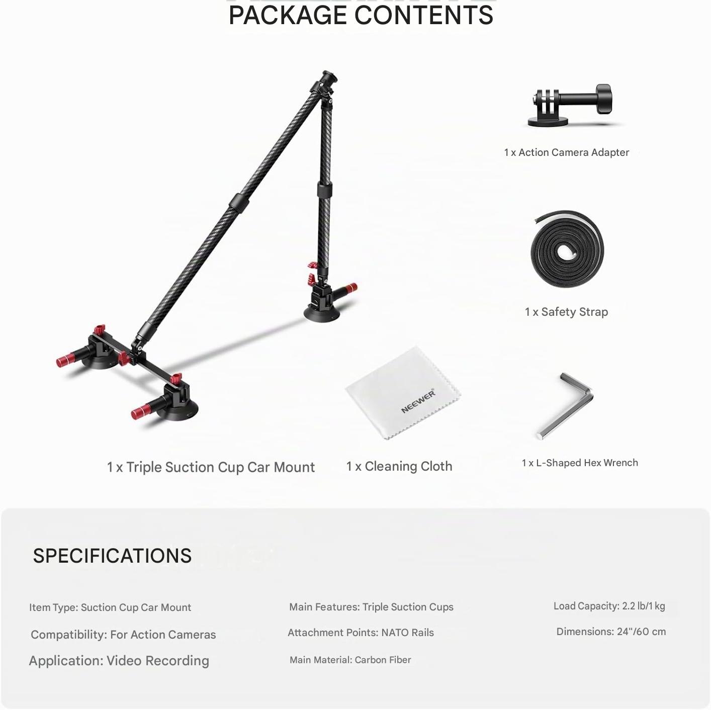 Suport auto NEEWER CA136 cu tripla ventuza, sistem montare camera actiune, compatibil GoPro/Insta360/DJI, sina NATO, brate din fibra de carbon extensibile pana la 60 cm, sarcina max. 1 kg, adaptor 1/4”, pentru vlog si filmare POV ID produs: 4307