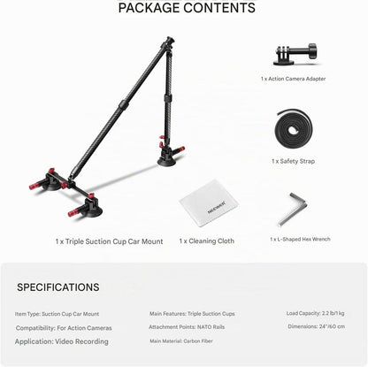 Suport auto NEEWER CA136 cu tripla ventuza, sistem montare camera actiune, compatibil GoPro/Insta360/DJI, sina NATO, brate din fibra de carbon extensibile pana la 60 cm, sarcina max. 1 kg, adaptor 1/4”, pentru vlog si filmare POV ID produs: 4307