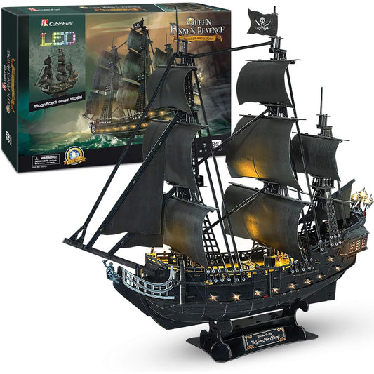 Puzzle 3D LED corabia perla neagra, 340 piese, model nava pirati de colectie, iluminare LED cu 15 lumini, dimensiuni 68 x 25 x 64 cm, montaj fara lipici si unelte, constructie EPS, cadou pentru adulti, adolescenti si colectionari, 14+ ani