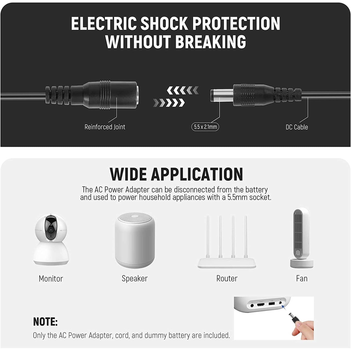 Baterie Dummy pentru LP-E6 LP-E6N LP-E6NH cu mufa si adaptor de alimentare, acumulator fals compatibil cu Canon EOS R Ra R3 R5 R5C R6 R6II R7 5D 6D 7D Mark II/III/IV 5DS 5DSR
