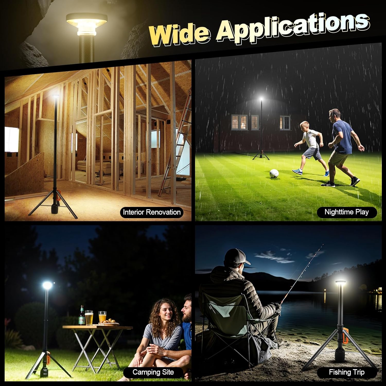 Lampa LED portabila SYLSTAR cu trepied telescopic 2.65m, 3000 lm, baterie 6000 mAh, telecomanda, 3CCT 3000K/4000K/6500K, reglaj luminozitate 10 trepte, autonomie pana la 48h, USB-C, iluminare pentru camping, outdoor si urgente, clasa energetica F