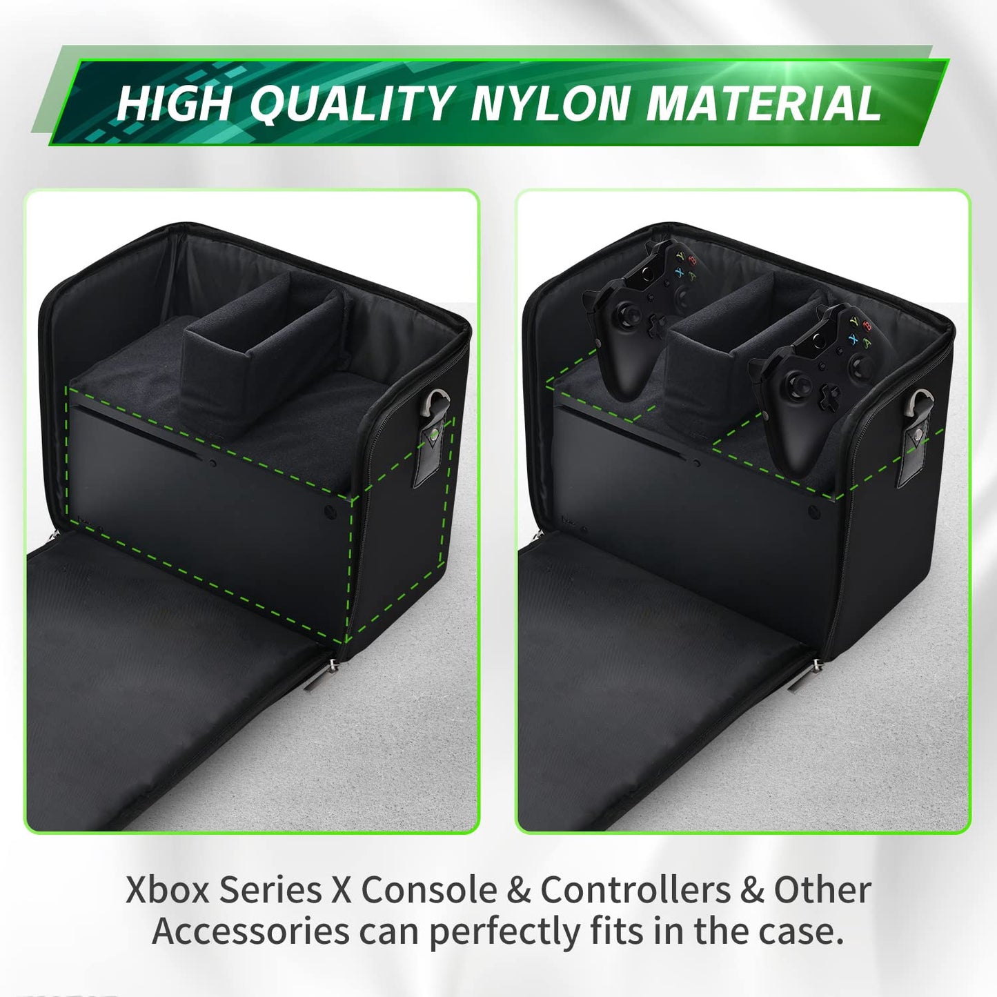 Geanta pentru Xbox Series X/S, cu skin controller, pliabila, cu pereti rigizi, maner si curea de umar, rezistenta la socuri, design ergonomic, pentru consola si accesorii, neagra