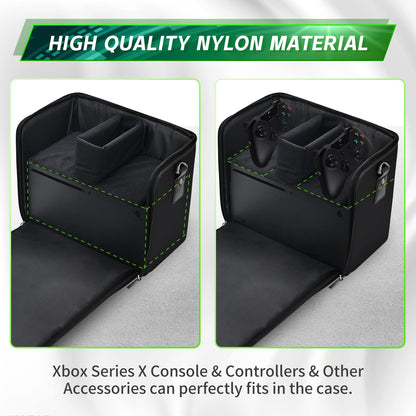 Geanta pentru Xbox Series X/S, cu skin controller, pliabila, cu pereti rigizi, maner si curea de umar, rezistenta la socuri, design ergonomic, pentru consola si accesorii, neagra
