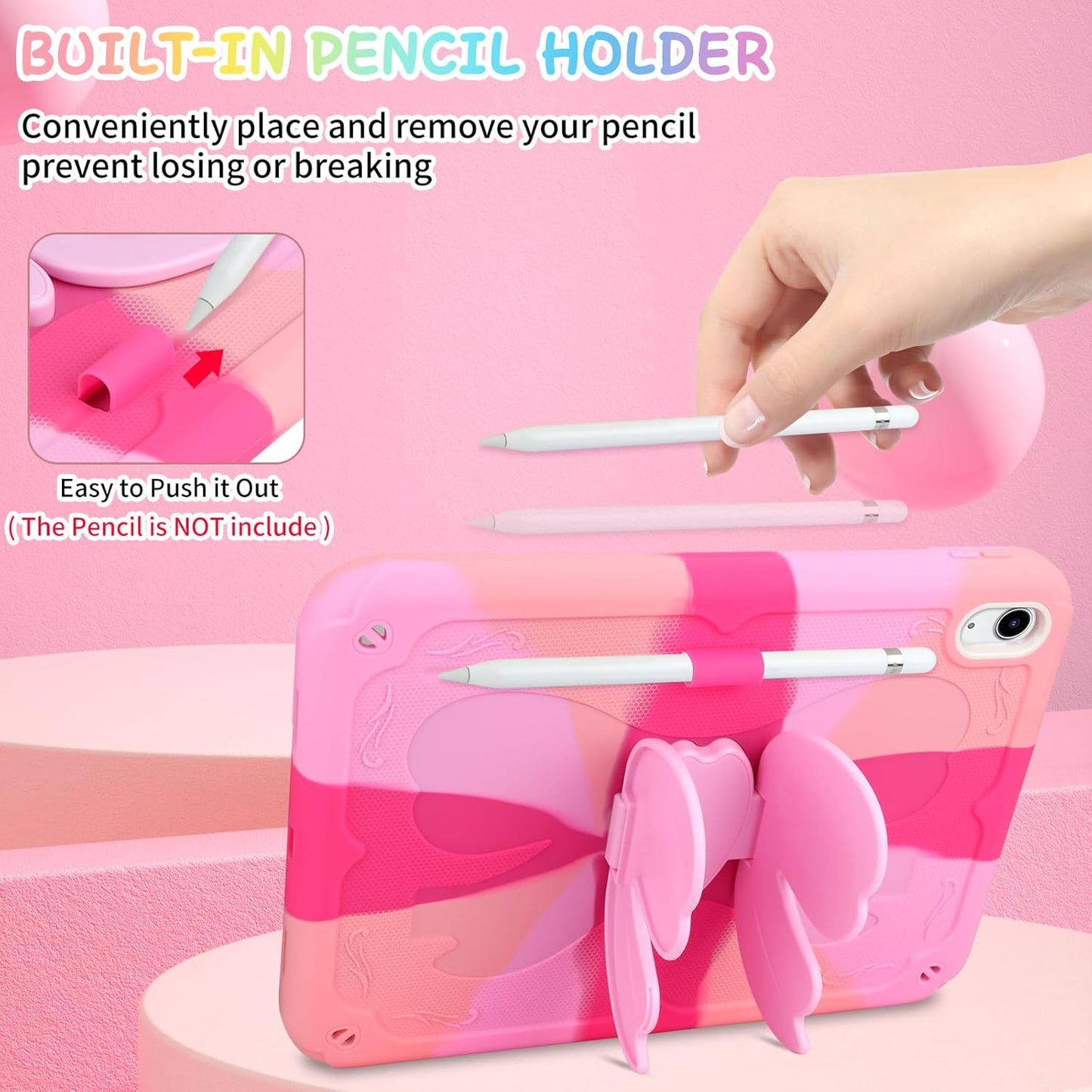 Husa de protectie pentru iPad Gen11, 11inch 2025 A16 si Gen 10, 10,9 inch 2022, cu stand stil fluture, suport pix, margini intarite, curea de umar, carcasa rezistenta la socuri, roz