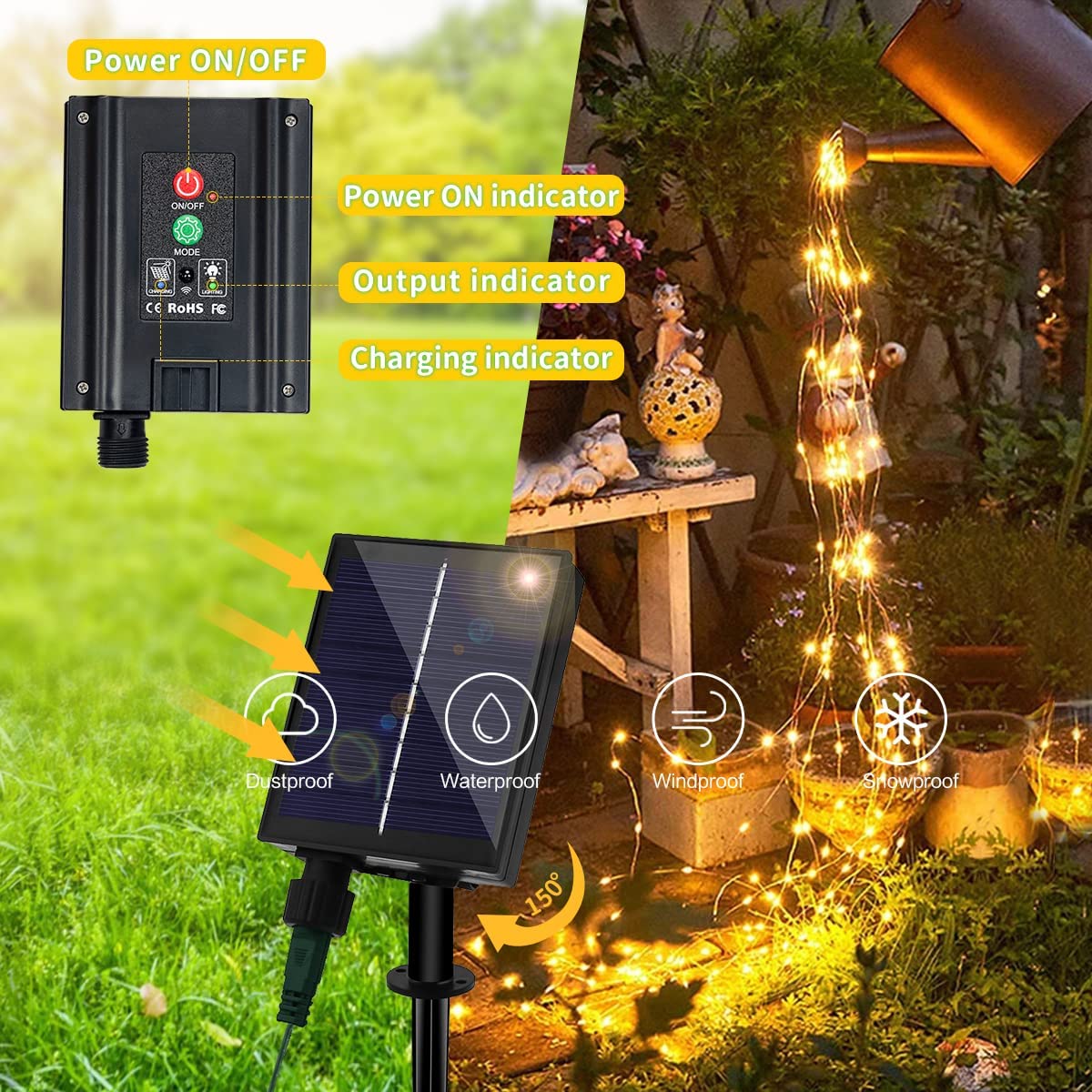 Ghirlanda luminoasa LED de 30 m cu panou solar, cu telecomanda, 8 moduri iluminare, impermeabila IP 65, lumina alba sau colorata, pentru decorare casa, gradina