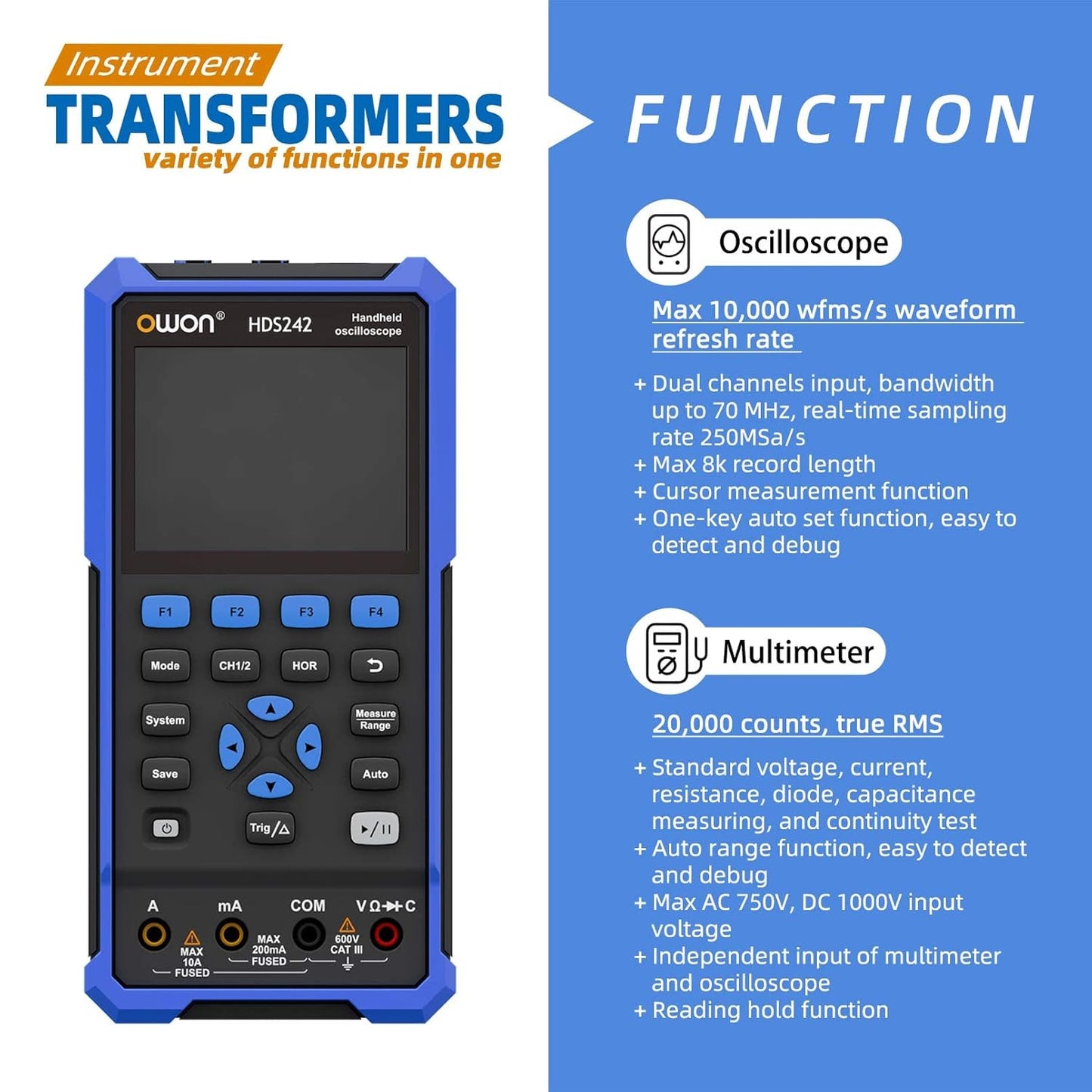Osciloscop portabil, cu functie multimetru digital cu 20000 counts, ecran 3.5 inch, latime de banda cu 2 canale 40 MHz, 10000wfrms/s, acumulator 4400 mAh, multifunctional