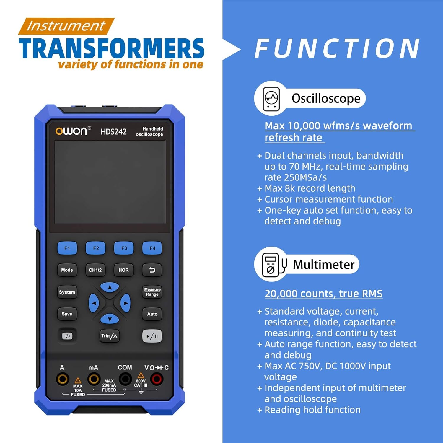 Osciloscop portabil, cu functie multimetru digital cu 20000 counts, ecran 3.5 inch, latime de banda cu 2 canale 40 MHz, 10000wfrms/s, acumulator 4400 mAh, multifunctional