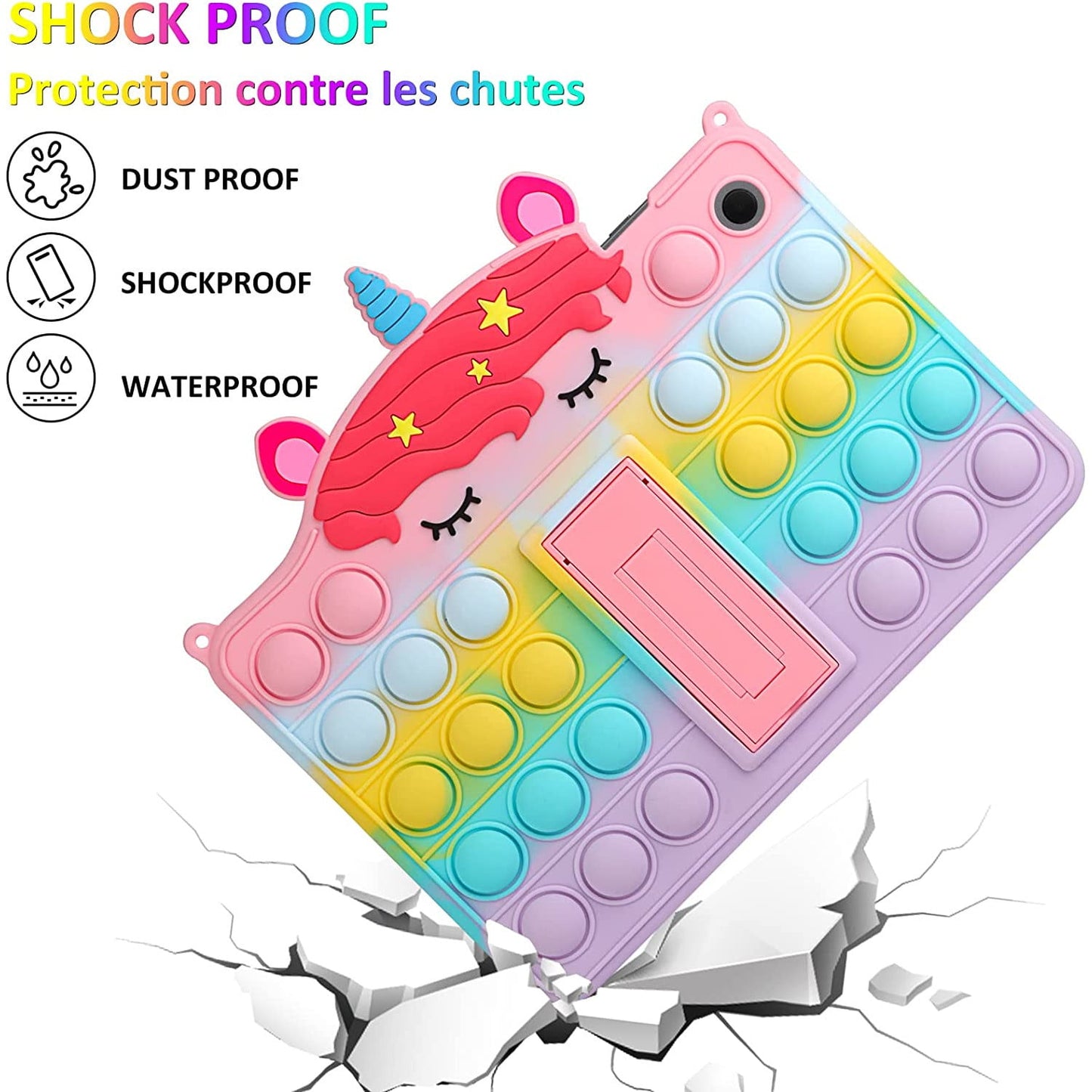 Husa pentru Samsung Galaxy Tab A8 10.5 inch SM-X200/X205/X207, 2021, cu Push Pop Fidget, din silicon, lavabila, cu curea ajustabila si suport, pentru copii, multicolora