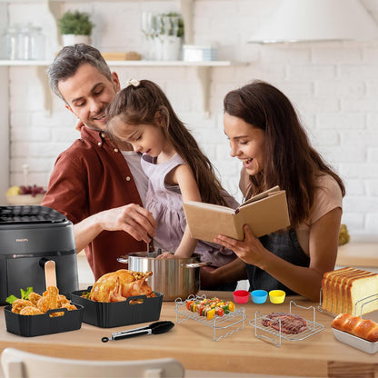 Set 23 accesorii pentru friteuza cu aer cald Philips Airfryer Dual Basket 3000/5000, cu tavi de silicon, forme de prajituri, 2 gratare, forma de vafe, suport paine, clesti