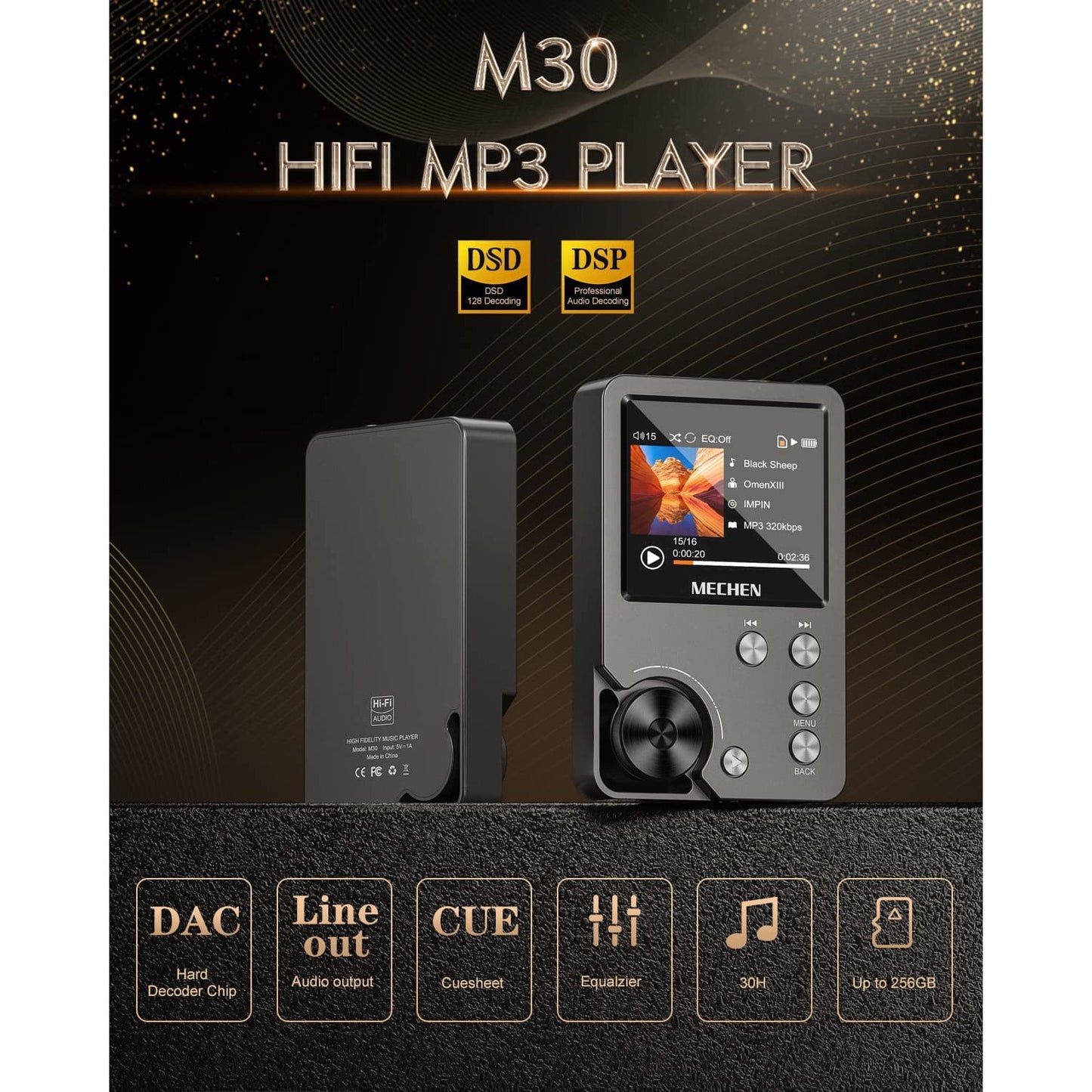 MP3 Player 64 GB HiFi, sunet digital de inalta rezolutie DSD DAC lossless, cu egalizator, 25 de ore de redare continua, suporta card pana la 256 GB