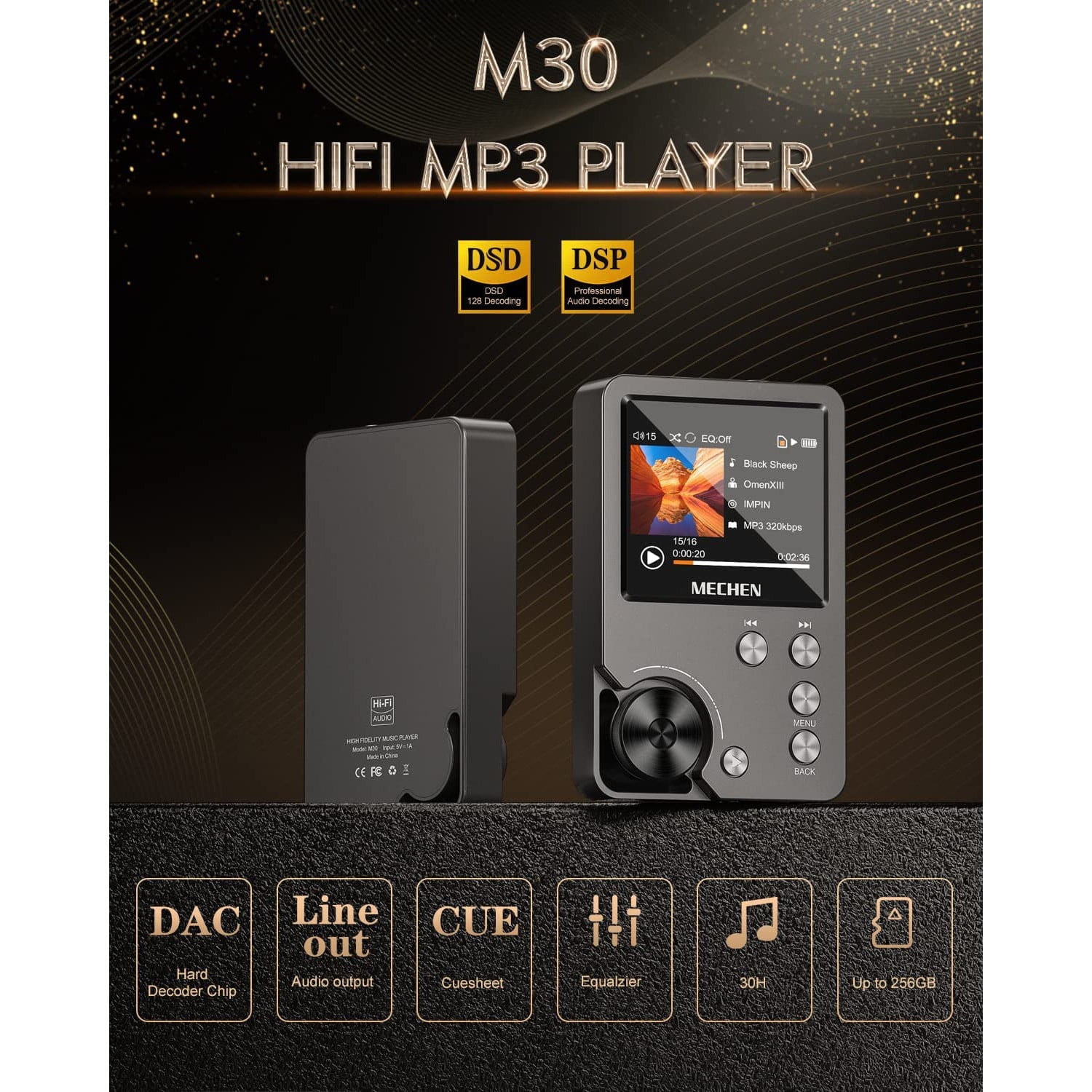 MP3 Player 64 GB HiFi, sunet digital de inalta rezolutie DSD DAC lossless, cu egalizator, 25 de ore de redare continua, suporta card pana la 256 GB