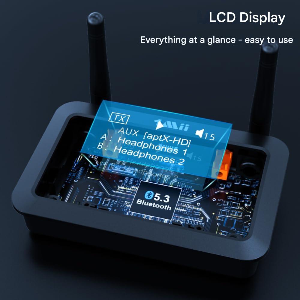 Adaptor Bluetooth 3 in 1 1Mii B03Pro+ pentru TV si HiFi, emitator-receptor LDAC / AptX HD, ecran LCD 1,7”, RCA / Optic / AUX 3,5 mm, latenta redusa, raza lunga de actiune 80 m