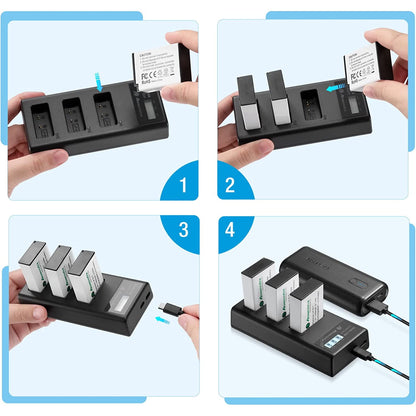 Set de 3 acumulatori LP-E17 1350 mAh 7.2 V cu incarcator triplu cu afisaj LCD, pentru Canon EOS 77D 200D 750D 760D 800D M3 M5 M6