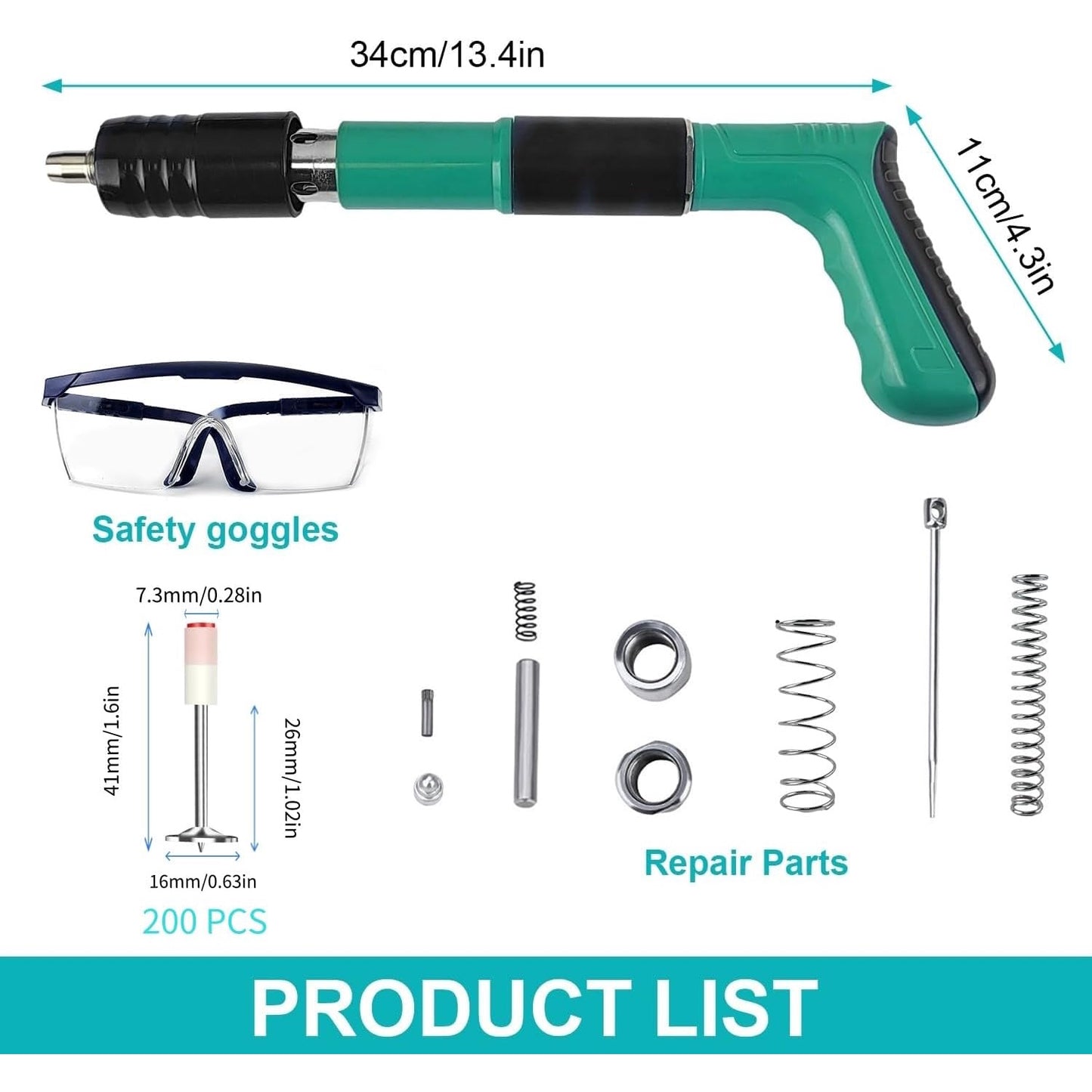 Pistol de cuie manual cu 200 cuie rotunde, pentru fixarea bolturilor, rivetelor in beton, lemn, fier, perete, tavan, pardoseala, de 34 cm, 3 niveluri putere, in geanta de transport si depozitare