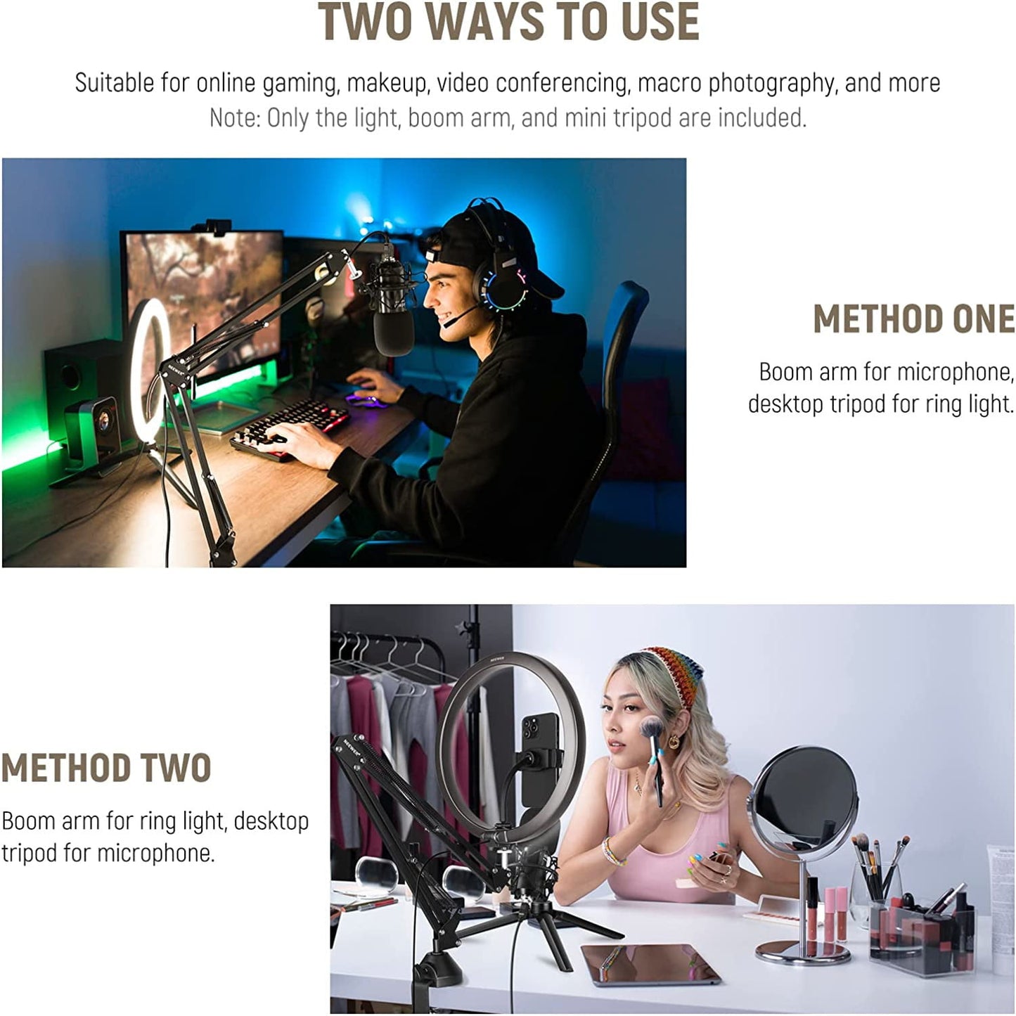 Ring Light LED cu trepied si brat cu menghina,Lampa circulara cu suport smartphone, telecomanda, montura cap tip bila, adaptor de la 5/8" la 3/8" si adaptor de la 1/4" la 5/8", pentru machiaj, vlog, streaming, inregistrare video