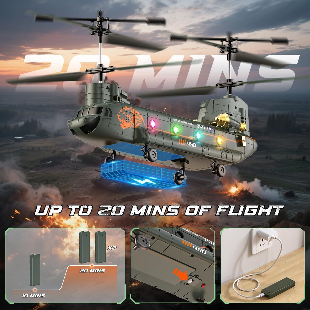 Elicopter cu telecomanda VATOS Chinook RC 2.4GHz, elicopter militar cu 2 motoare si 2 baterii reincarcabile, mentinere altitudine, decolare si aterizare cu un singur buton, lumini LED, sistem anti-blocare, zbor interior/exterior, pentru copii si adulti
