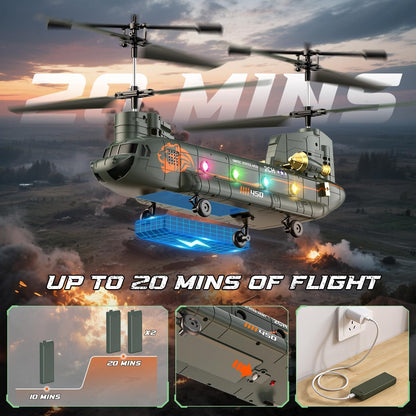 Elicopter cu telecomanda VATOS Chinook RC 2.4GHz, elicopter militar cu 2 motoare si 2 baterii reincarcabile, mentinere altitudine, decolare si aterizare cu un singur buton, lumini LED, sistem anti-blocare, zbor interior/exterior, pentru copii si adulti