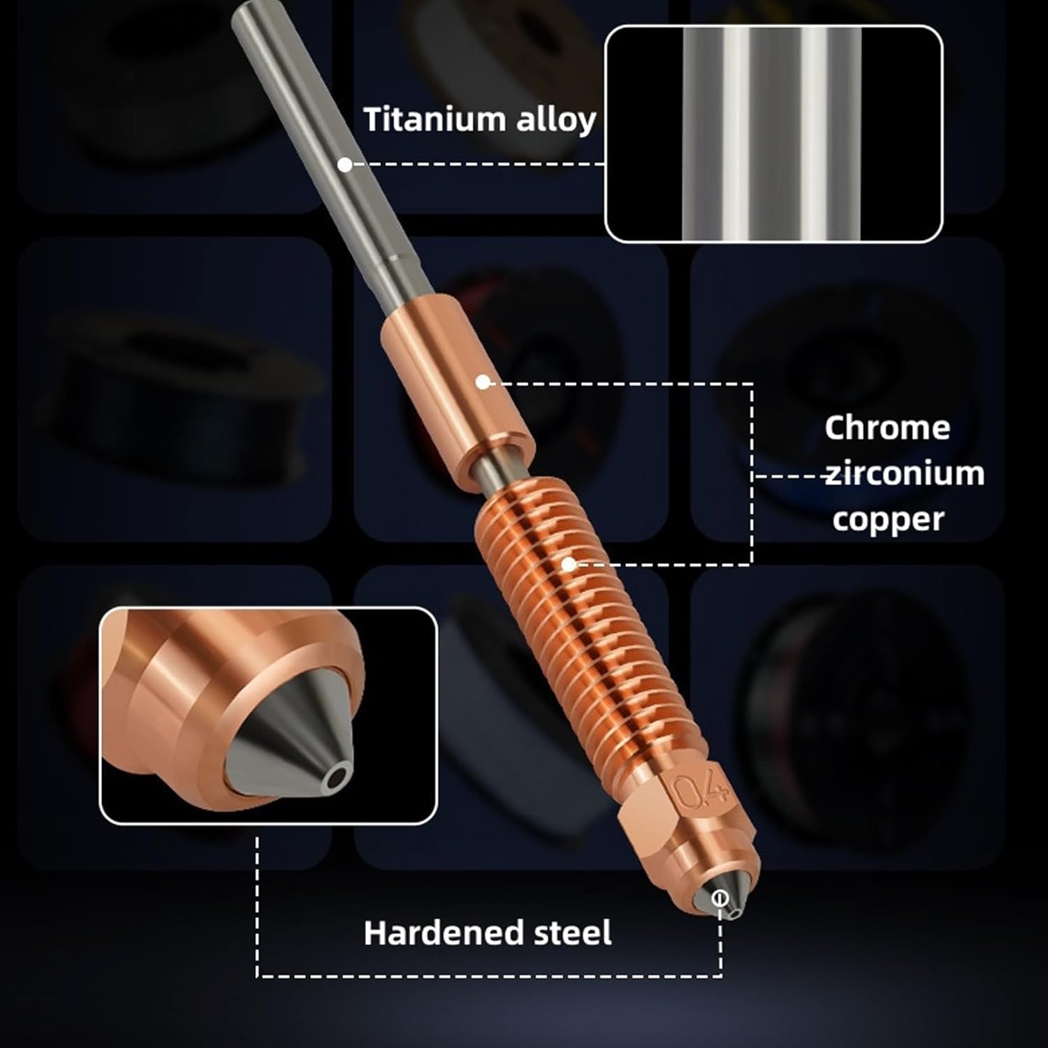 Set de 4 duze pentru Creality K1C, K1 SE, Ender 3 V3, Ender 3 V3 Plus and K1/K1 Max, cu schimbare rapida, 2 duze de 0.4mm, 1 duza de 0.6 mm, 1 duza de 0.8 mm, din aliaj de titan