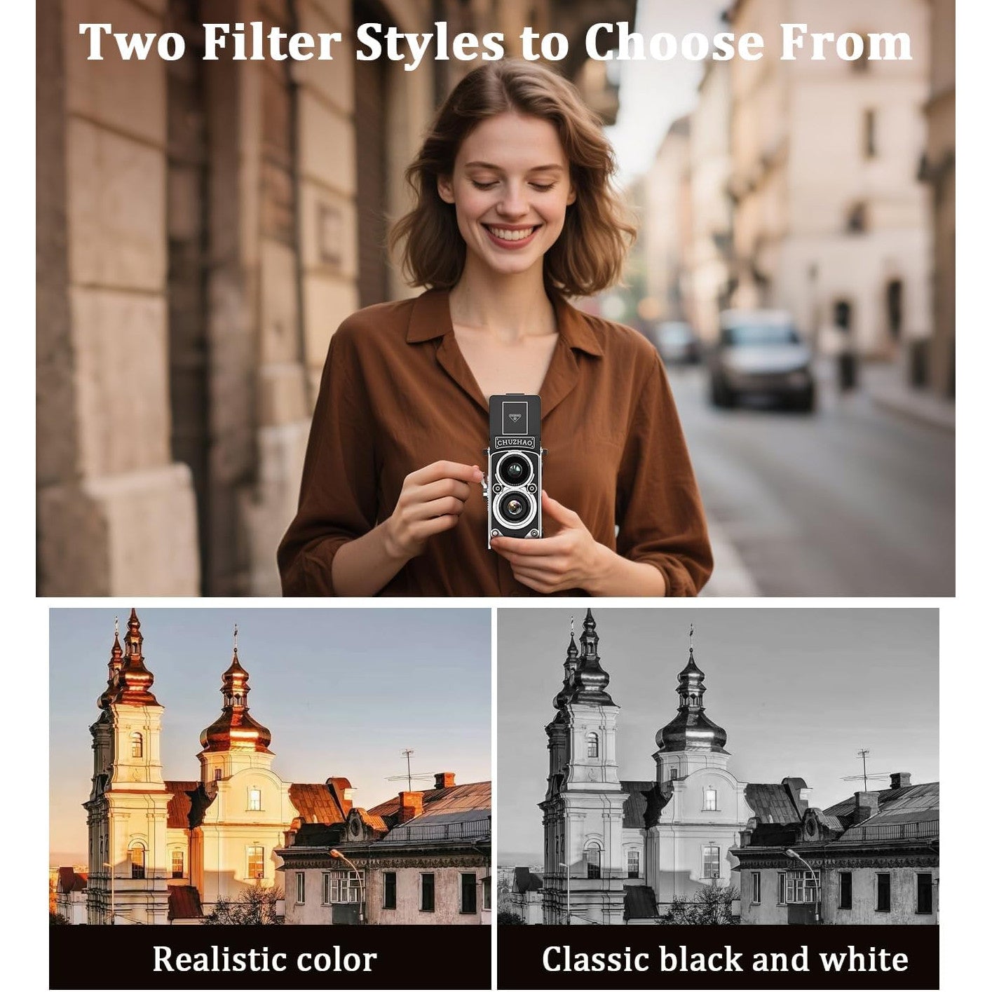 Camera digitala mini stil retro, 1080p FHD, 12 MP, cu manivela pentru focus, acumulator 1000 mAh, card memorie de 16 GB, filtru alb/negru, 8, 8 x 4.2 x 4 cm
