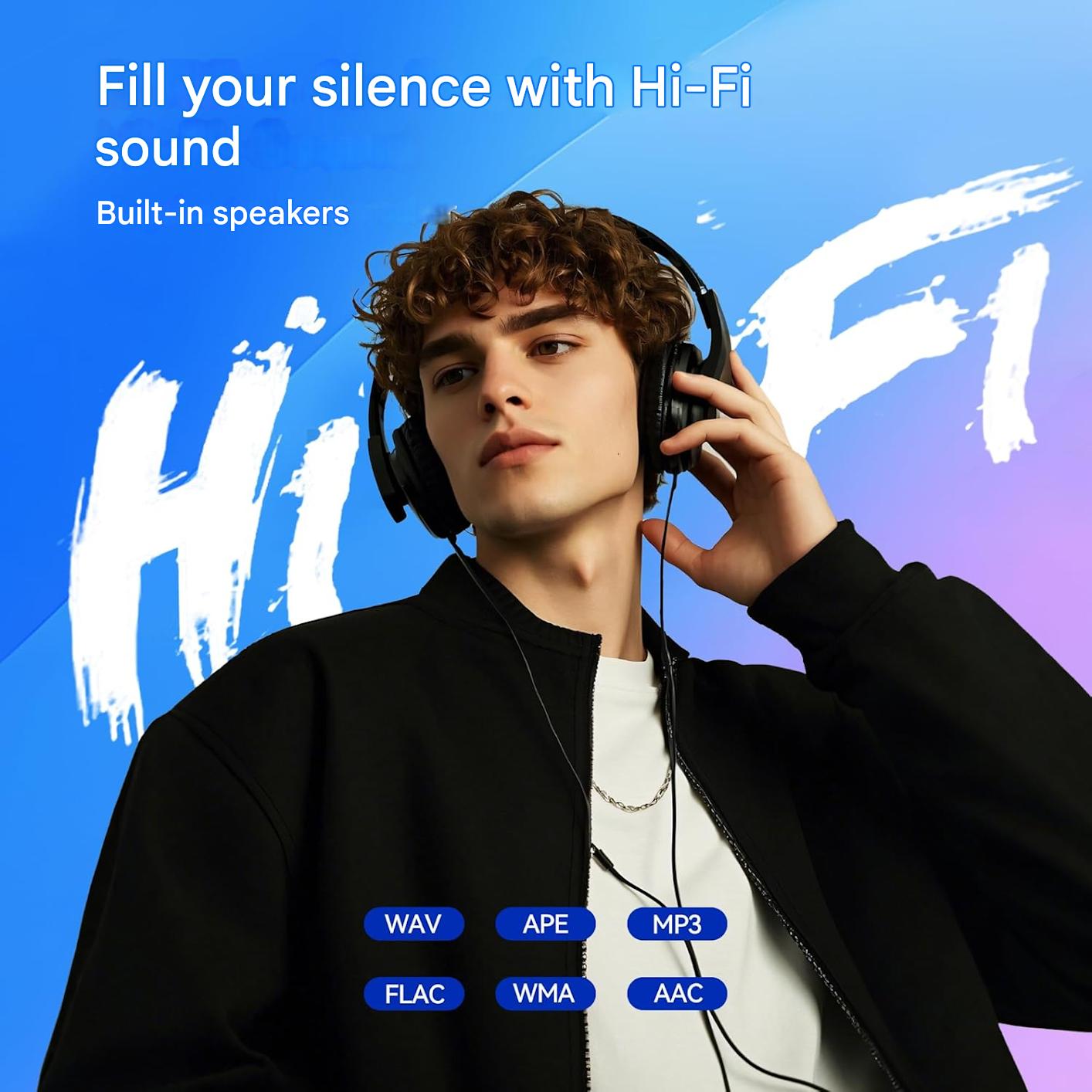 Player MP3 Agptek 64 GB, Bluetooth 5.3, ecran 2.4 inch, set cu casti si cablu USB Type C, suporta card pana la 128GB, butoane tactile, difuzor, Radio FM, E-Book, alarma, albastru