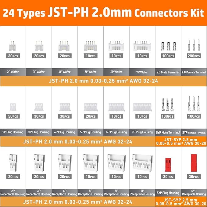 Set cleste sertizare, cu 24 tipuri conector JST-PH 2,0 mm cu 2/3/4/5/6/7 pini si mufa JST-SYP de 2,5 mm, clesti de sertizare cu clichet 0,03-0,5 mm² pentru 2,0 mm/ 2,5 mm/ 2,54 mm/ 3,0 mm Dupont, JST, KF2510, Molex, TE