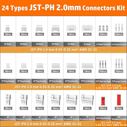 Set cleste sertizare, cu 24 tipuri conector JST-PH 2,0 mm cu 2/3/4/5/6/7 pini si mufa JST-SYP de 2,5 mm, clesti de sertizare cu clichet 0,03-0,5 mm² pentru 2,0 mm/ 2,5 mm/ 2,54 mm/ 3,0 mm Dupont, JST, KF2510, Molex, TE