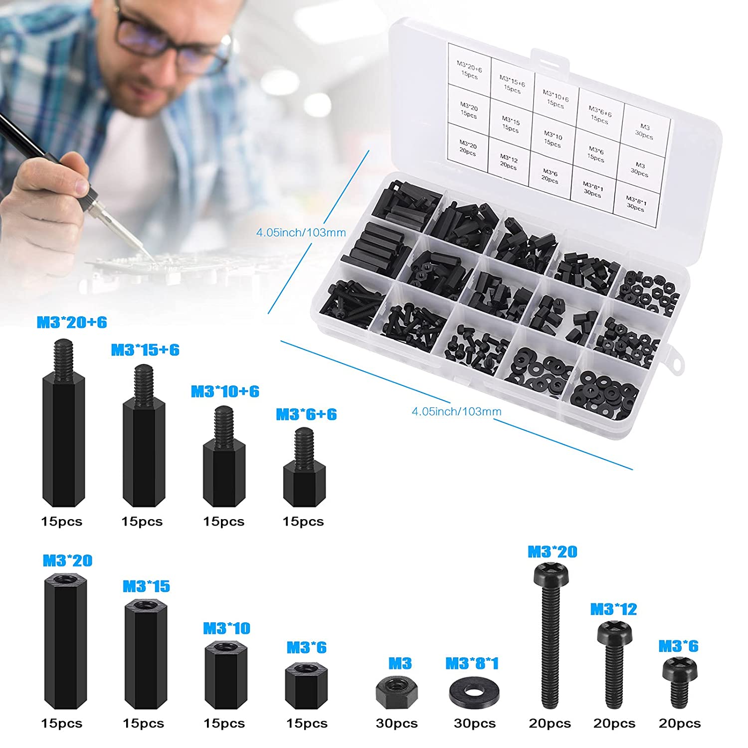 Set distantiere M3 hexagonale din Nylon, mama-mama si mama-tata, cu suruburi, saibe si piulite din plastic, cu cutie de depozitare, negre
