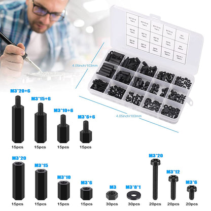 Set distantiere M3 hexagonale din Nylon, mama-mama si mama-tata, cu suruburi, saibe si piulite din plastic, cu cutie de depozitare, negre
