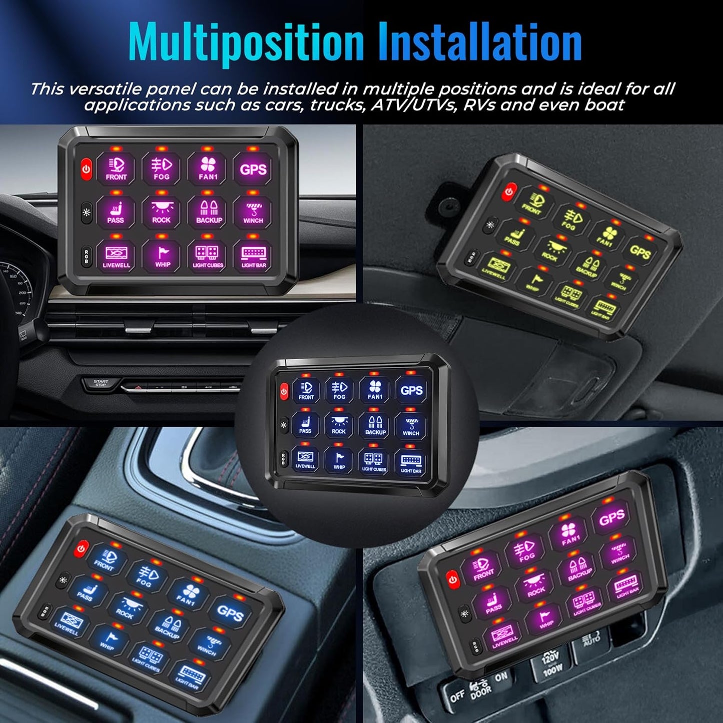 Kit panou comutator auto cu 12 butoane, 12-24V, LED RGB cu reglare automata, control prin aplicatie, moduri comutare, momentar, stroboscop, releu integrat, intrerupator ON/OFF 65A, Impermeabil IP65, pentru masina, camion, barca, SUV, Off-Road