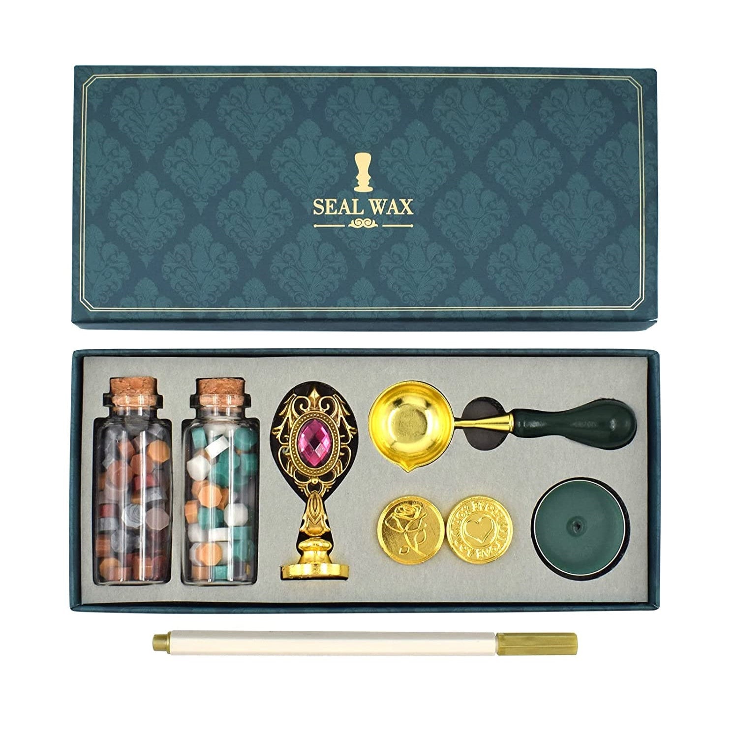 Set de stampile ceara, sigiliu cu 3 modele diferite, ceara multicolora, lumanare si lingura de topire