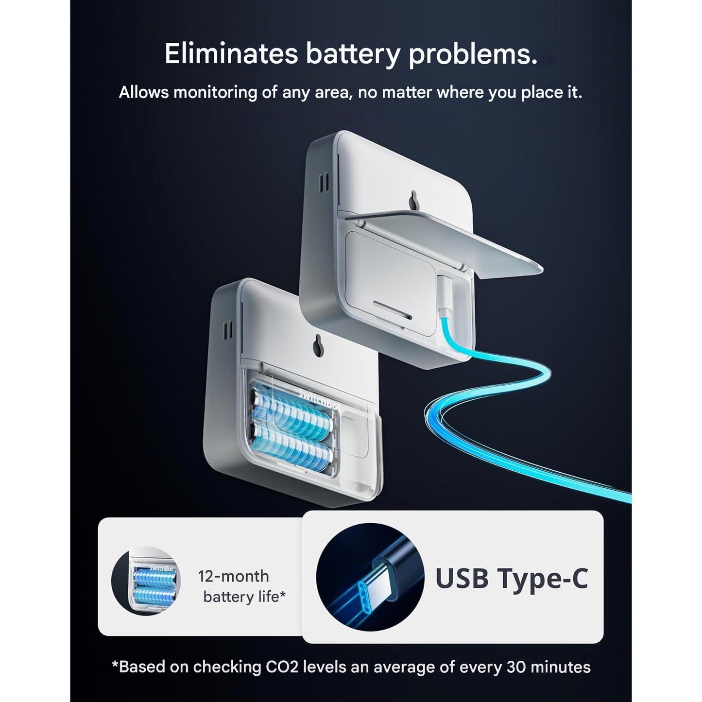Detector de CO2 WLAN SwitchBot cu termometru-higrometru IP65, senzor CO2 cu aplicatie, alarma, stocare date 2 ani si Bluetooth