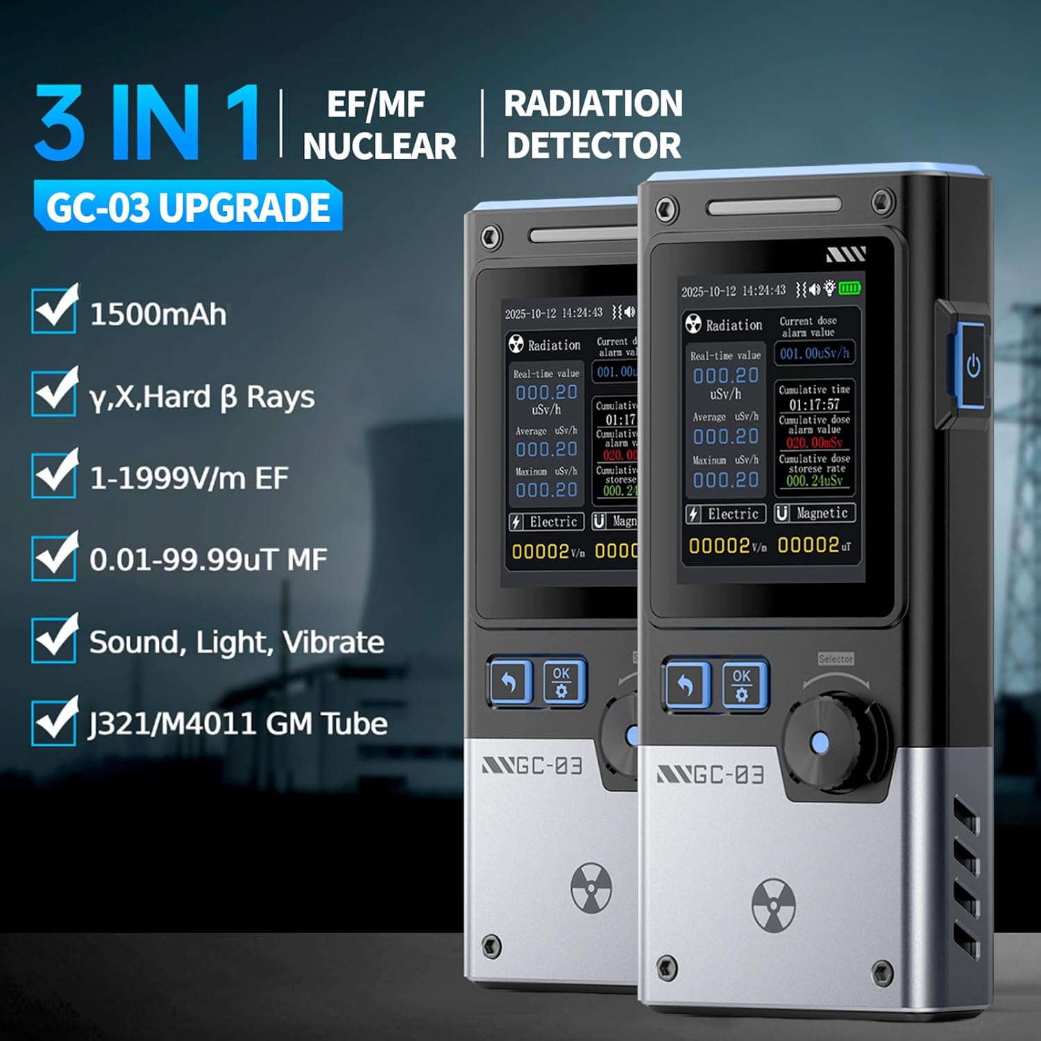 Detector radiatii 3 in 1 DewinLVD GC-03, contor geiger, masurare camp electric/magnetic si radiatii nucleare, ecran color 2.4”, alarma sonora, luminoasa, vibratii, USB-C, baterie 1500mAh, negru