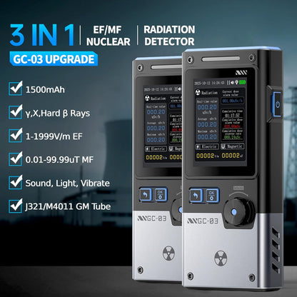 Detector radiatii 3 in 1 DewinLVD GC-03, contor geiger, masurare camp electric/magnetic si radiatii nucleare, ecran color 2.4”, alarma sonora, luminoasa, vibratii, USB-C, baterie 1500mAh, negru