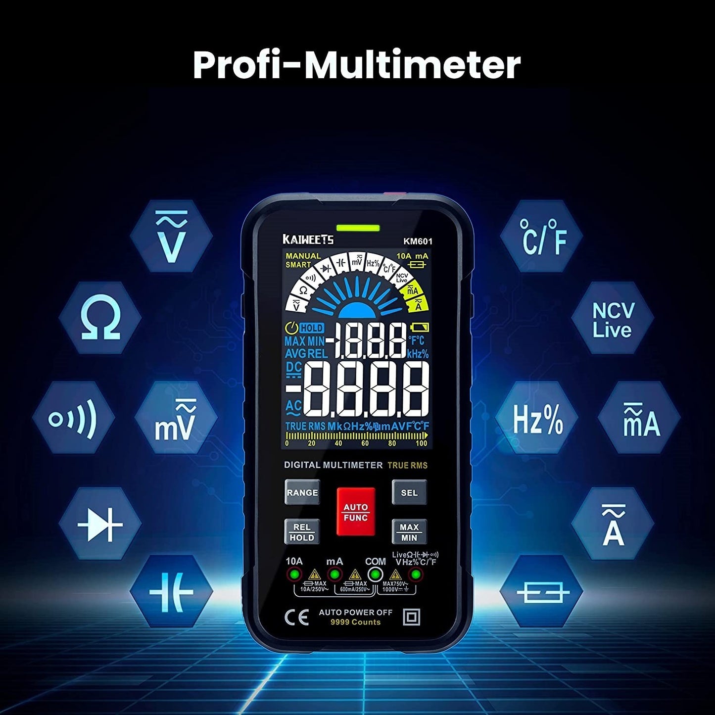 Multimetru digital smart, tester AC/DC CAT III 1000V CAT IV 600V True RMS, 10000 Counts, selectare automata a parametrilor masurati, tensiune, continuitate, rezistenta, temperatura, NCV, KAIWEETS KM601