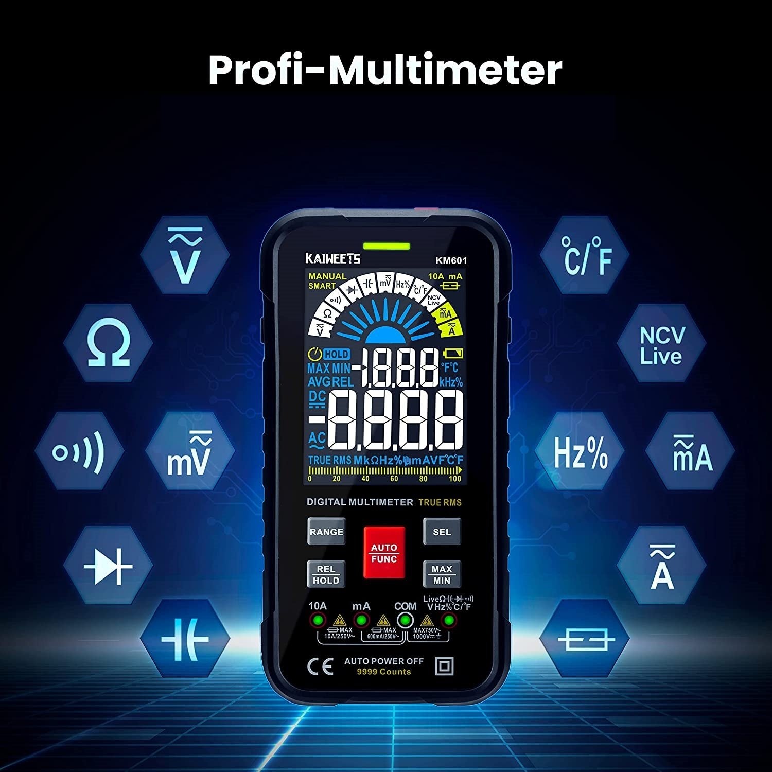 Multimetru digital smart, tester AC/DC CAT III 1000V CAT IV 600V True RMS, 10000 Counts, selectare automata a parametrilor masurati, tensiune, continuitate, rezistenta, temperatura, NCV, KAIWEETS KM601