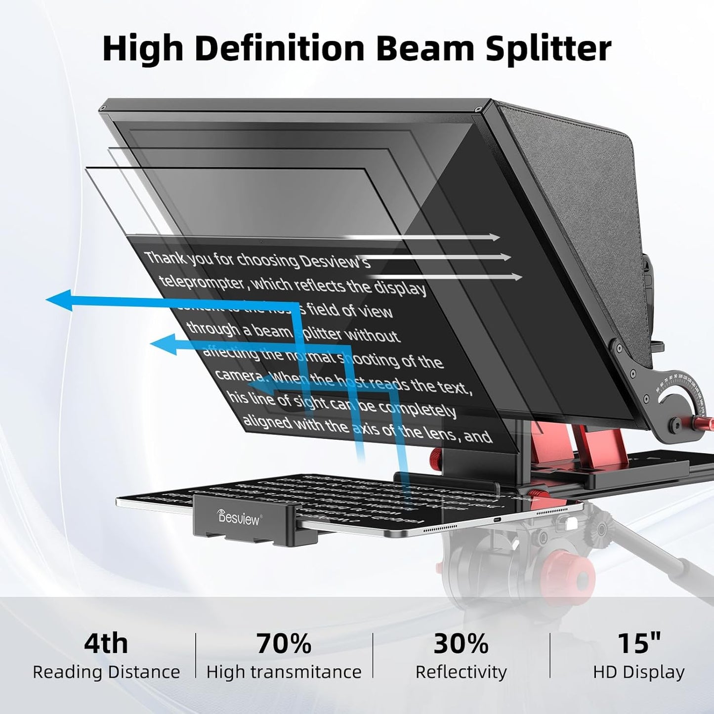 Kit teleprompter de 15 inch, pentru camere DSLR, cu telecomanda, compatibil cu smartphone si tableta pana la 15.3 inch, din metal, din metal, cu montura 1/4 inch si geanta de depozitare si transport