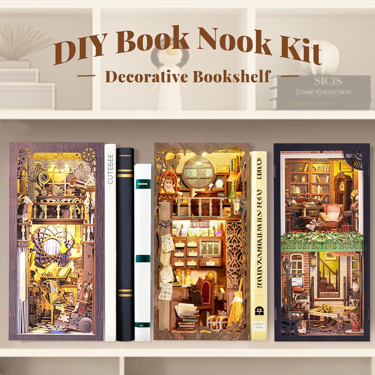 Puzzle 3D Cotor de carte DIY, Magician, Cu lumini LED, 282 piese, Book Nook Magic Pharmacist, Cutebee